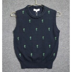 Pearl Vest Women Small Blue Navy Lela‎ Rose Empower Cactus Embroidered Knit NWT